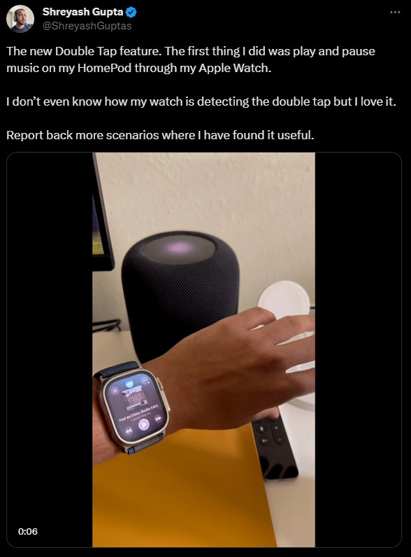 A user trying out the double tap feature on the new Apple Watch.