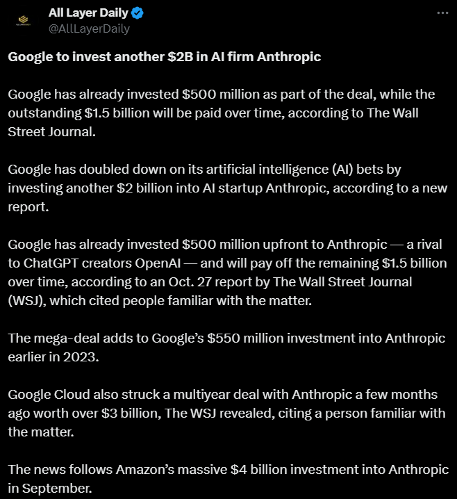 Google to invest another US$2 billion in Anthropic AI.