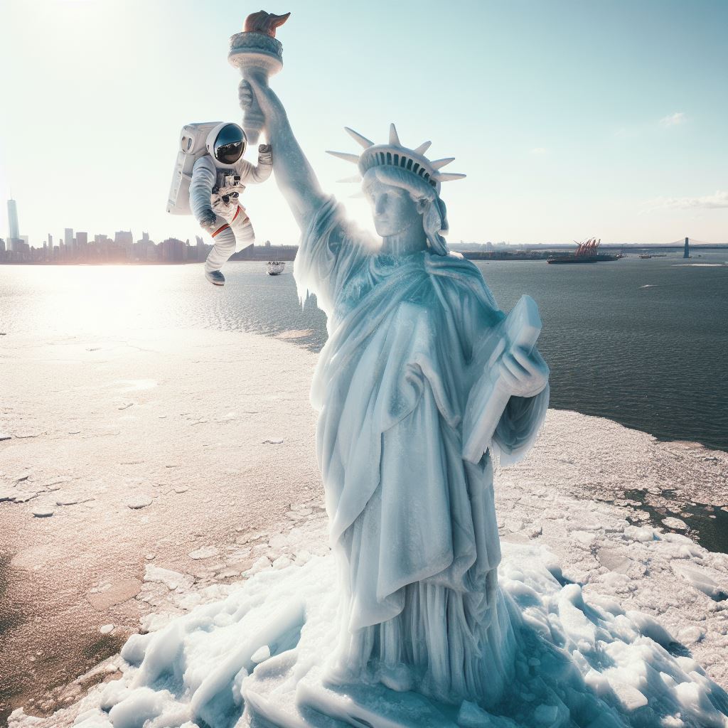 An astronaut landed on the Statue of Liberty made out of ice during a summer season - the Bing AI image generator knocking it out of the park.