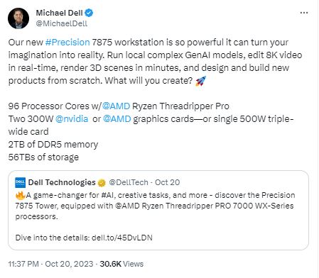 Tweet by Michael Dell on some of Dell's generative AI capabilities. 