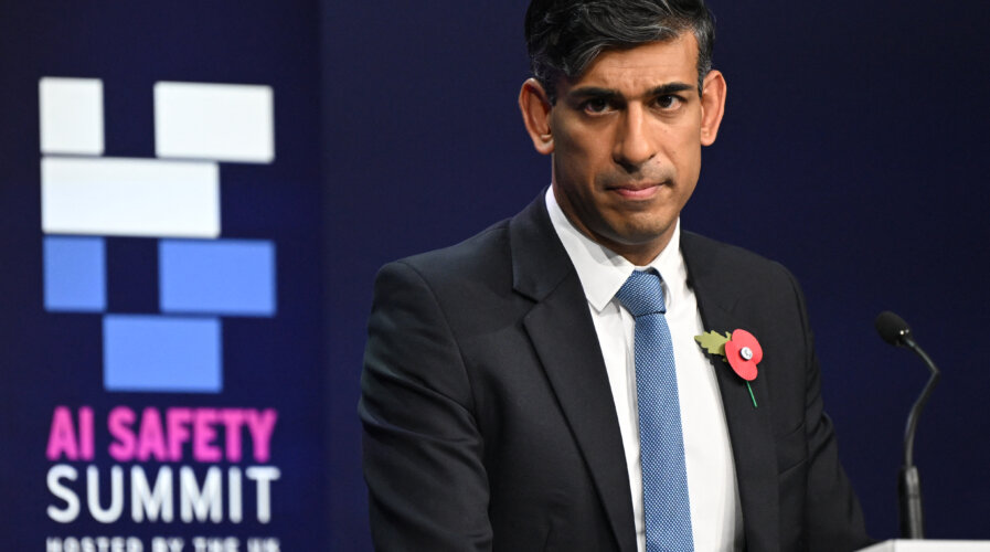 Britain's Prime Minister Rishi Sunak hosted the UK Artificial Intelligence (AI) Safety Summit at Bletchley Park, in central England, on November 2, 2023. (Photo by JUSTIN TALLIS / POOL / AFP).