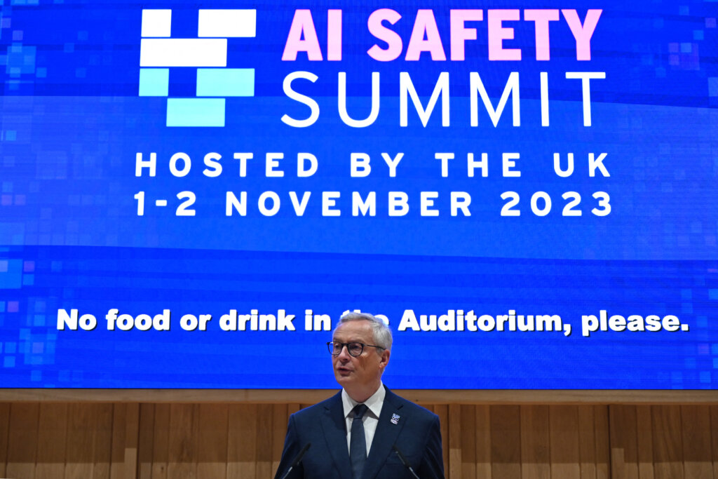 French Minister for Economy, Finance, Industry and Digital Security Bruno Le Maire during the UK Artificial Intelligence (AI) Safety Summit at Bletchley Park, in central England, on November 2, 2023. (Photo by JUSTIN TALLIS / AFP).