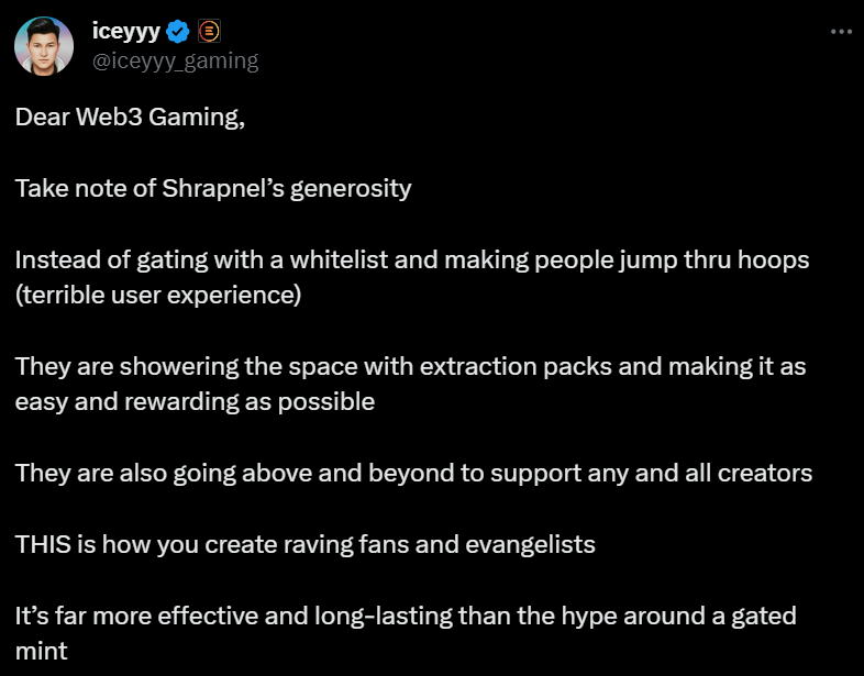 An X user explains how Shrapnel is supporting creators.