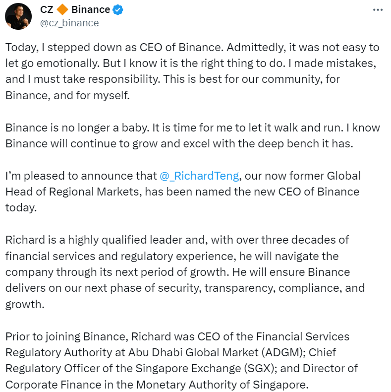 Binance CEO CZ announced his departure and introduced the new CEO of the company.