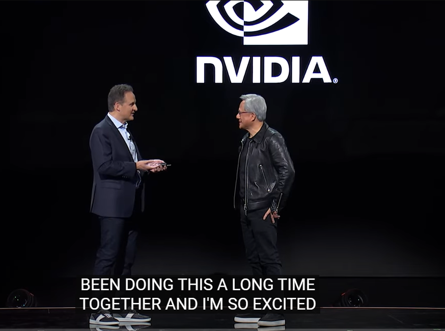 Nvidia CEO Jensen Huang, making a surprise appearance at AWS CEO Adam Selipsky's re:Invent conference keynote. Source: AWS' YouTube.