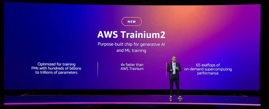 AWS Trainium2 will power the highest performance compute on AWS for training foundation models faster and at a lower cost, while using less energy, Source: AWS's YouTube