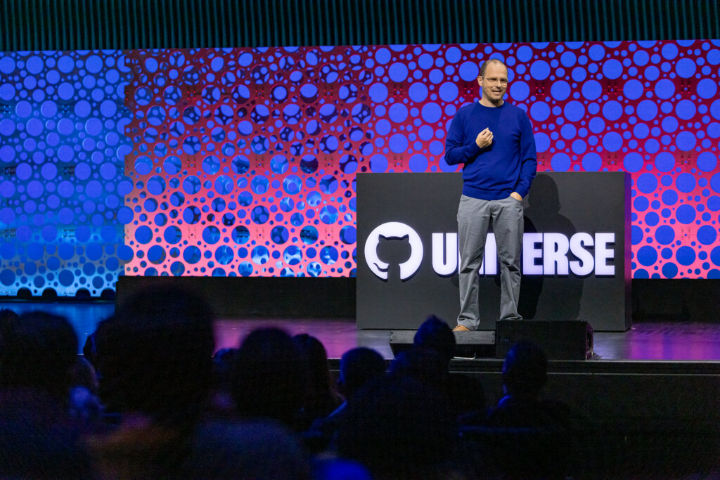 Thomas Dohmke, CEO of GitHub, presents the Day 1 keynote at GitHub Universe 2023.