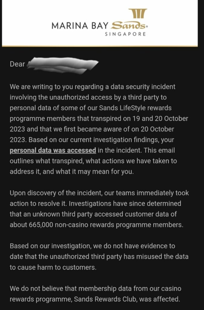 The statement from MBS to members confirming the data leak. 