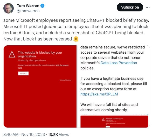 Microsoft blocked and unblocked ChatGPT for employees. 