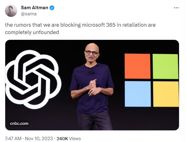 Altman was quick to crush the rumors of Apoen AI blocking Microsoft. 