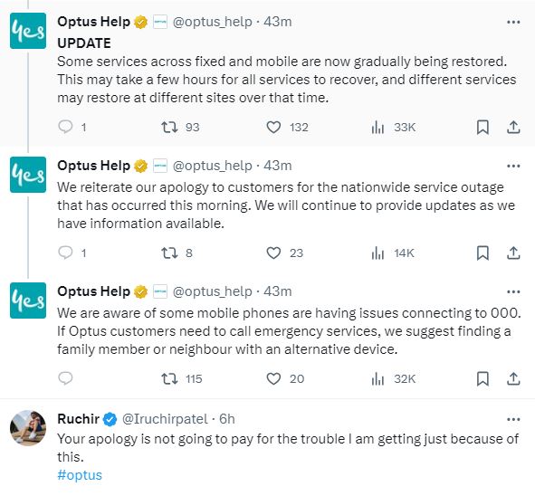 A Tweet by Optus on the outage. 