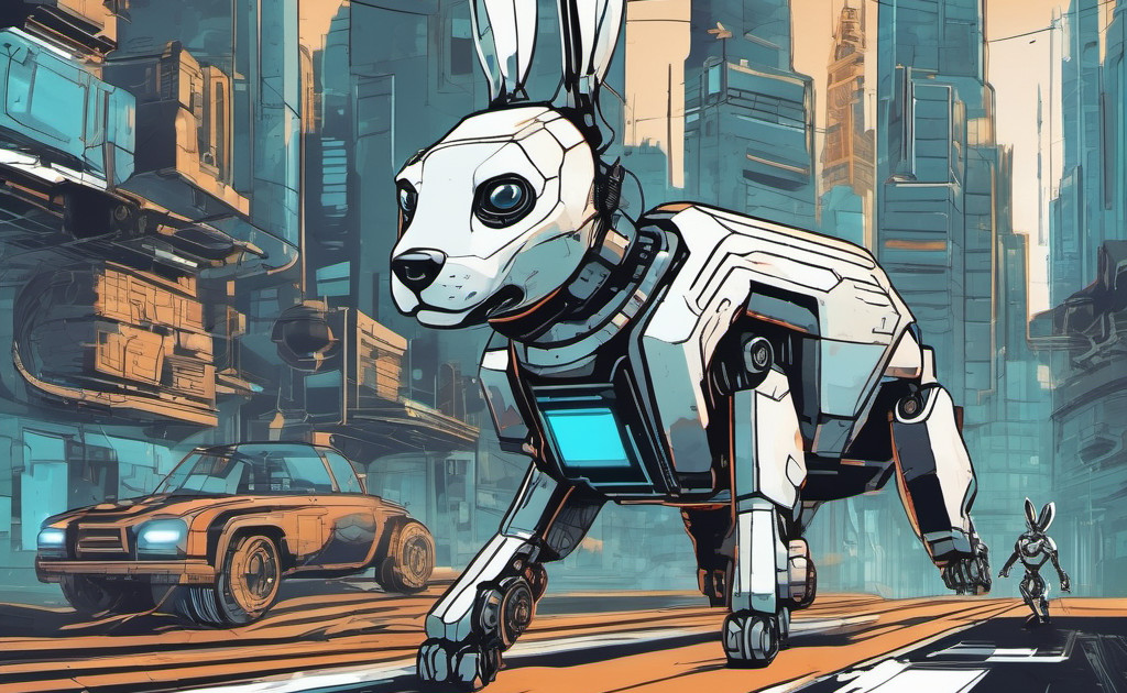 Autonomous robot dog in cityscape.