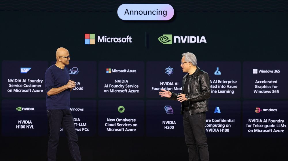 Chairman and CEO Satya Nadella and Nvidia founder, president and CEO Jensen Huang, at Microsoft Ignite 2023.