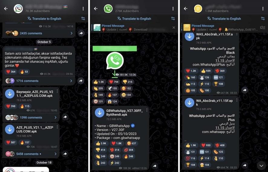 Examples of Telegram channels distributing a malicious WhatsApp mod.