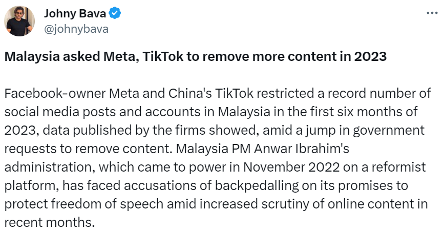 Malaysia asked Meta and TikTok to remove more content in 2023.