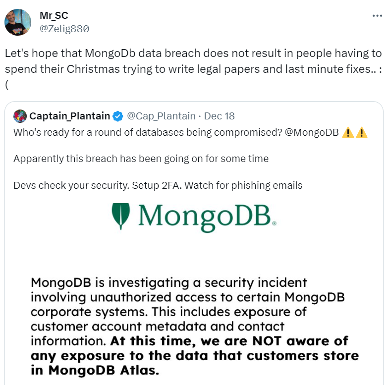 MongoDB database vulnerability leads to customer data leak.