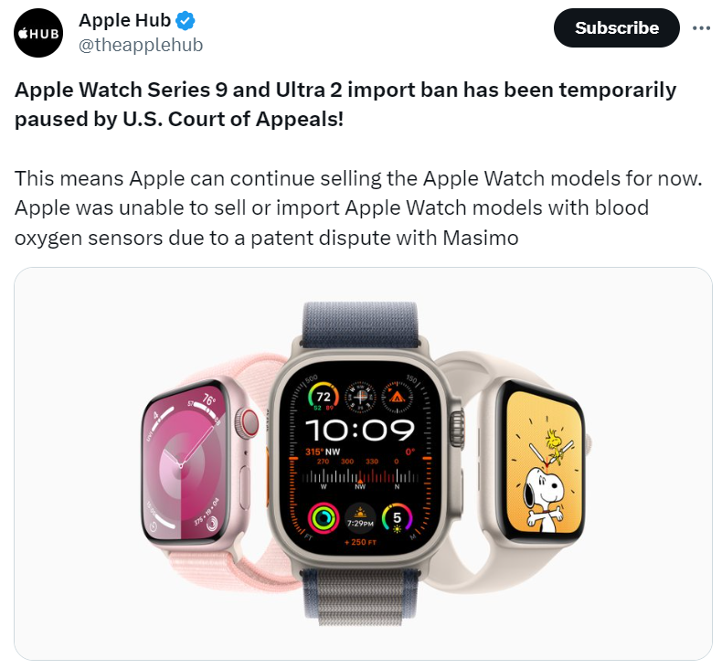 The US Court of Appeals has temporarily suspended the import ban on Apple Watch Series 9 and Ultra 2.