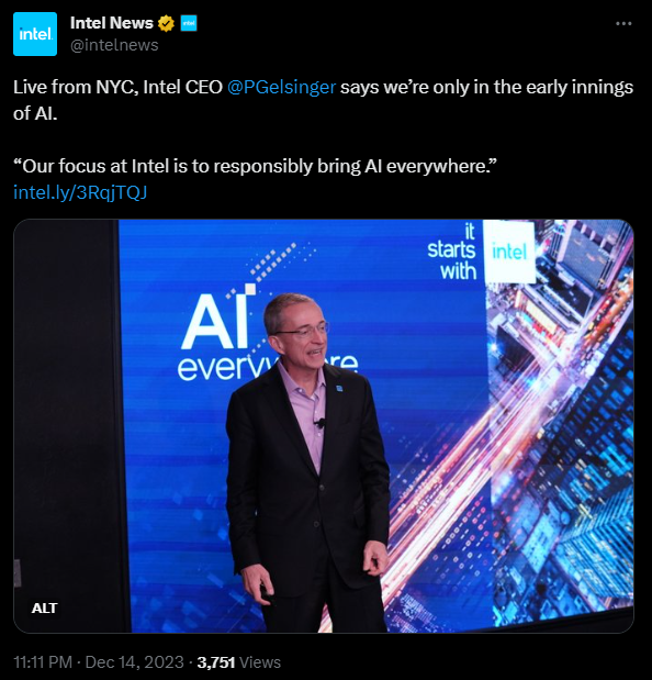 Gelsinger predicts AI everywhere with new Intel chips. Source: Intel's X