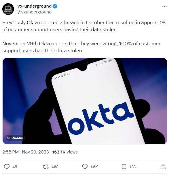 Previously, Okta reported a breach in October that resulted in approx. 1% of customer support users having their data stolen.