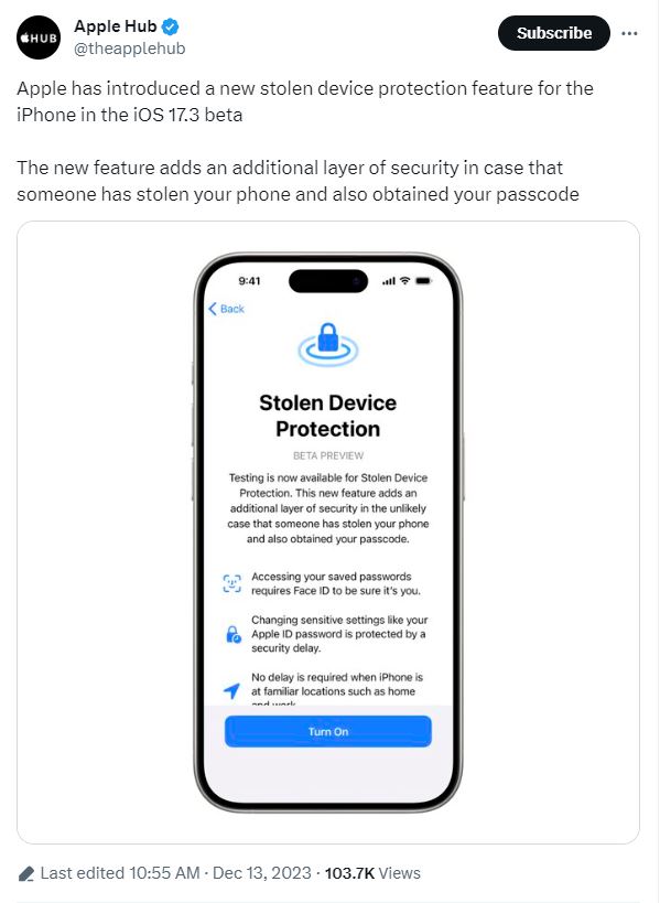 Apple has introduced a new stolen device protection feature for the iPhone in the iOS 17.3 beta.