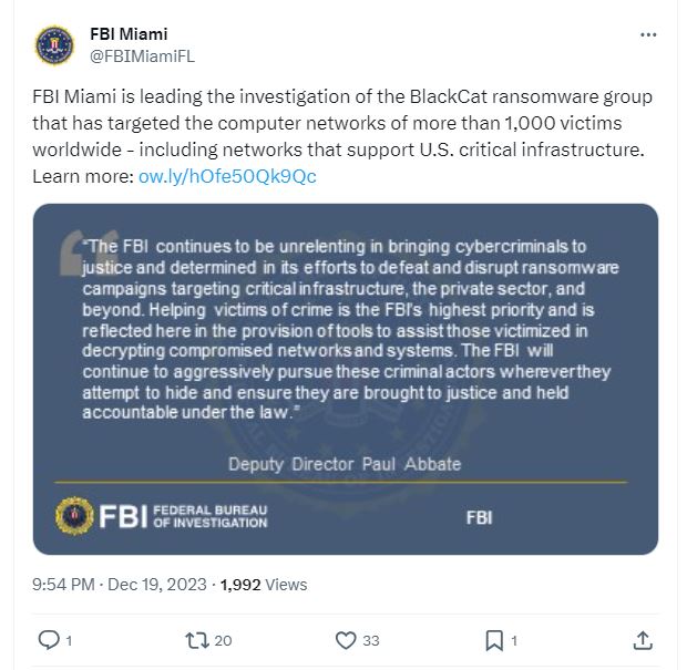 FBI Miami is leading the investigation of the BlackCat ransomware group that has targeted the computer networks of more than 1,000 victims worldwide. 
