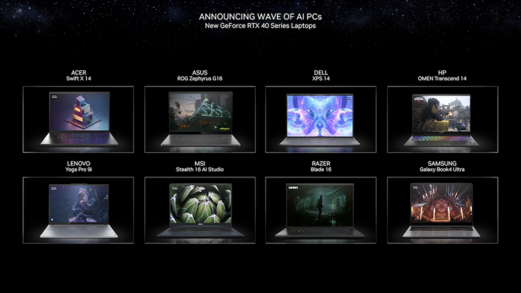 GeForce RTX 40 Series laptops image – Slide image featuring new laptop announcements from major manufacturers including Acer, ASUS, DELL, HP, Lenovo, MSI, Razer and Samsung. 