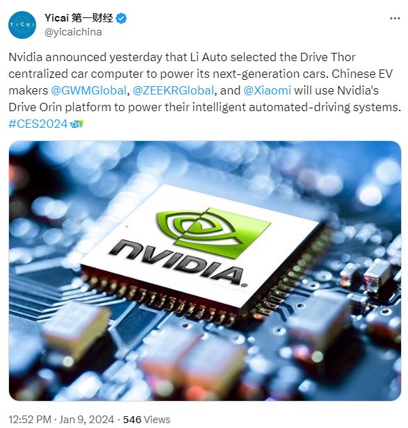 Chinese EVs pick Nvidia for autonomous driving.