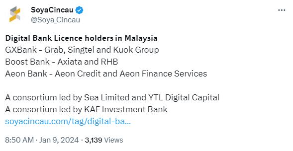 Bank Negara approved licenses for five digital banks in Malaysia.