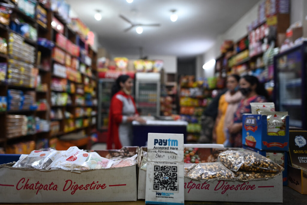 A QR code for Paytm is pictured at a shop in New Delhi on November 8, 2021.