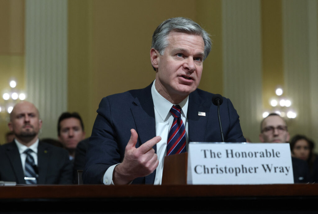 FBI Director Christopher Wray testifies before the House (Select) Strategic Competition Between the United States and the Chinese Communist Party Committee on Capitol Hill on January 31, 2024 in Washington, DC. 