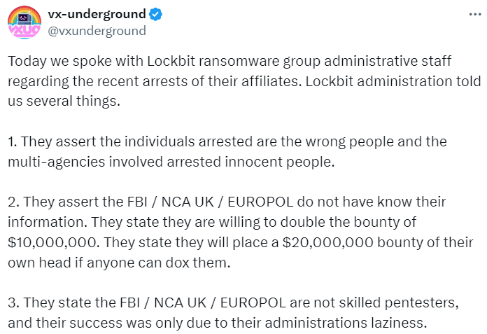 Lockbit ransomware group administrative staff makes it clear that the group is not going anywhere - law cybercrime.