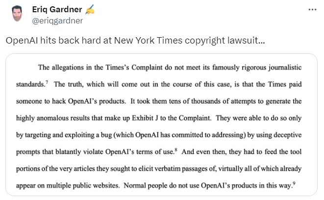 OpenAI addresses the New York Times copyright lawsuit.