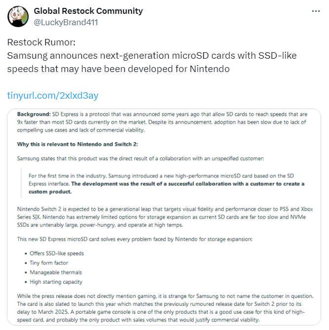 Samsung announces new microSD that may have been developed for Nintendo.