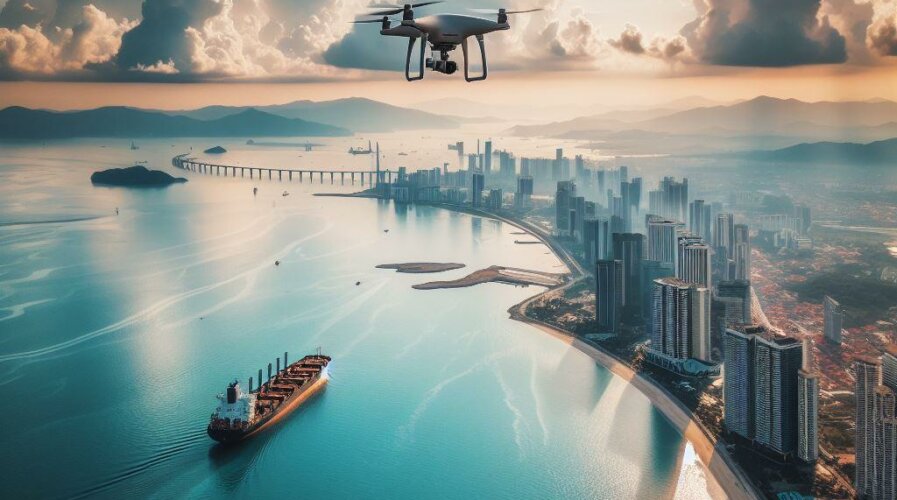 一架无人机在马来西亚和新加坡之间飞行。