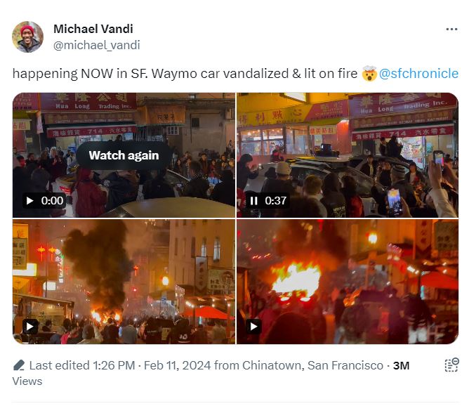 The fire takes place against the backdrop of simmering tension between San Francisco residents and automated vehicle operators.