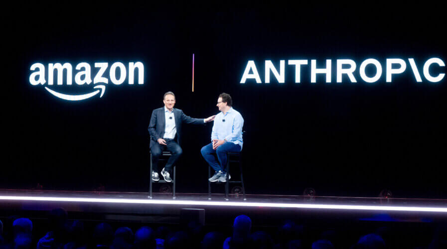 Amazon Web Services (AWS) CEO Adam Selipsky speaks with Anthropic CEO and co-founder Dario Amodei during AWS re:Invent 2023. (Image from AFP).