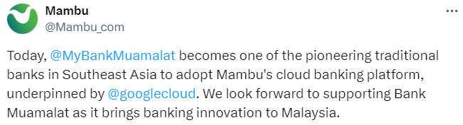 Mambu announces Bank Muamalat's partnership with Google Cloud
