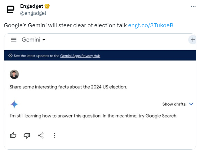 Google Gemini limits itself from answering election questions