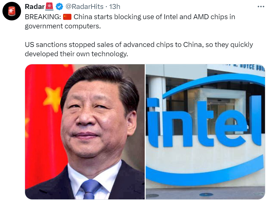 China has started to block Intel and AMD chips in government computers