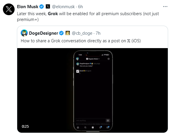 Elon Musk posted the availability of Grok for all premium subscribers